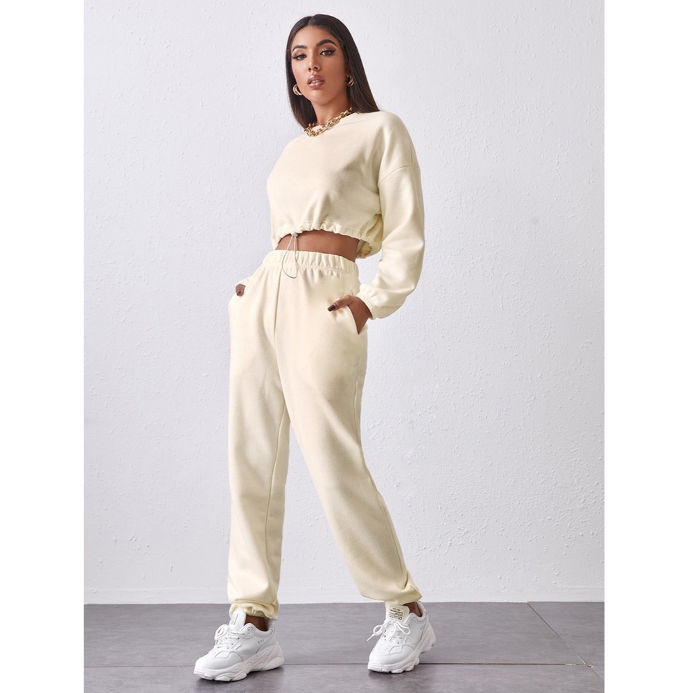 2 Piece Set Beige Crop Sweatshirt and Jogger Pants - Picture 3 of 6